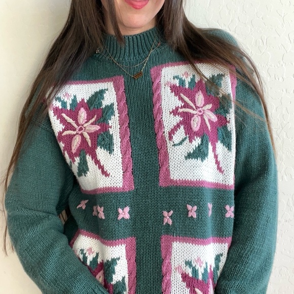 Vintage Emerald Green Pink Floral Knit Grandma Sweater - Picture 3 of 7